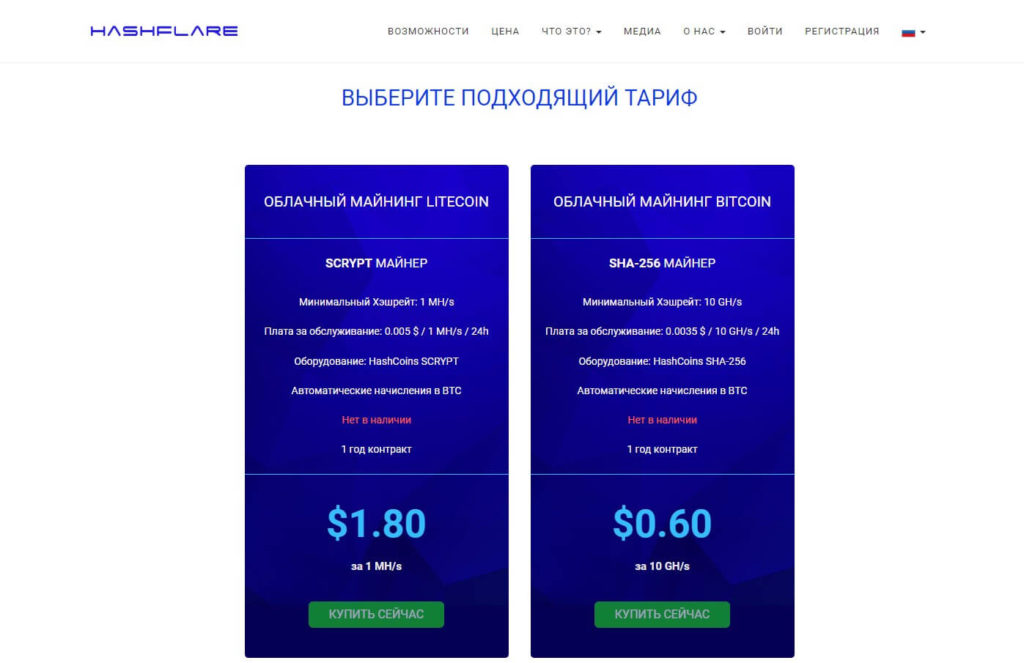 Тарифы на сервисе HashFlare
