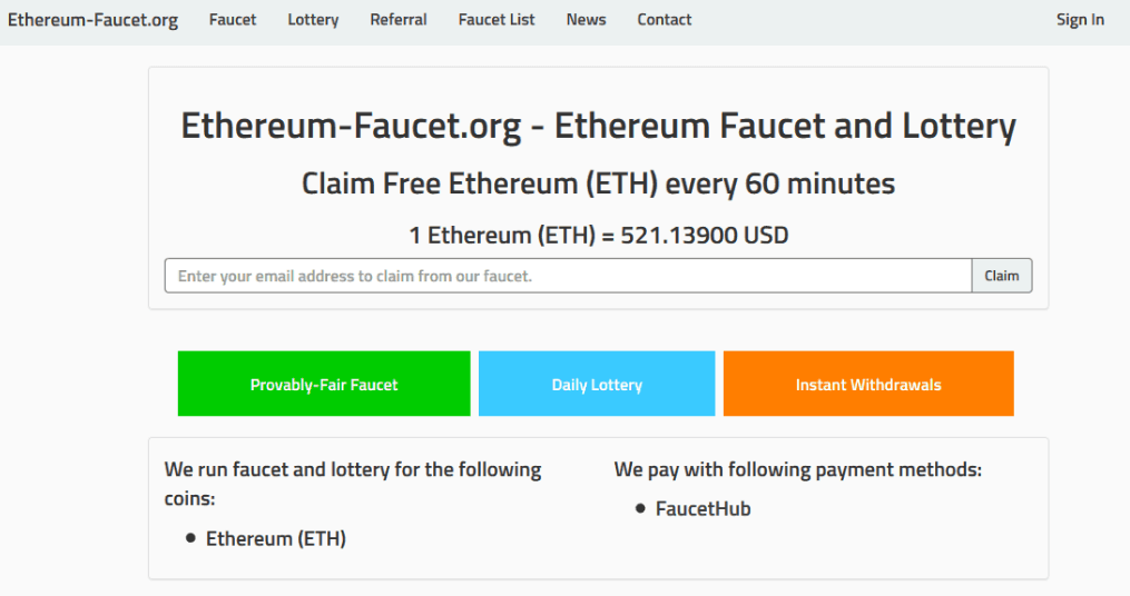 Интерфейс сайта Ethereum Faucet